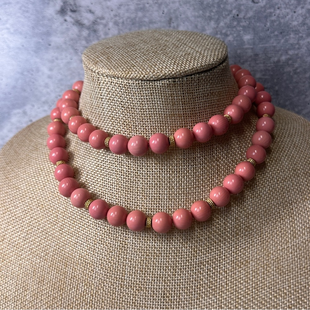 Vintage Les Bernard Coral Pink and Gold Beaded Long Necklace - Picture 5 of 6
